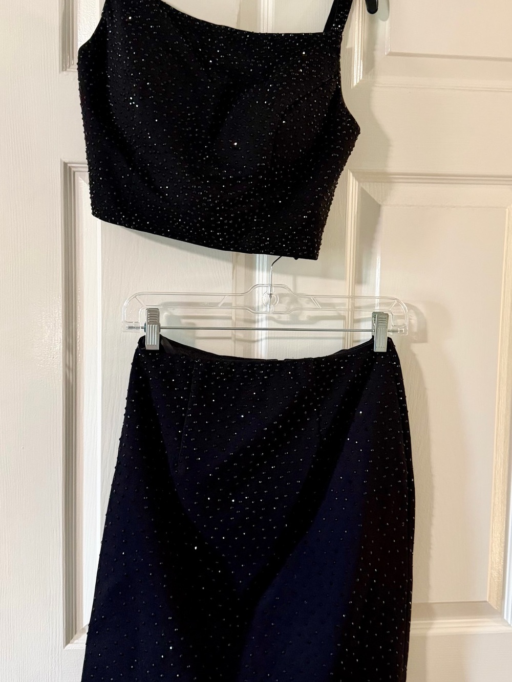 Sherri Hill Black Sparkle Two-Piece Midi Skirt Set